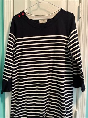 Striped Black & White Boatneck Dress with Button Detail